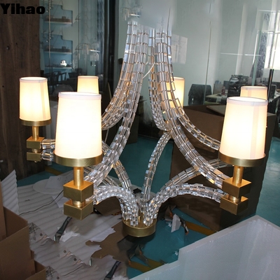 comprar Handmade Brass 6-Light Chandelier with White Fabric Shades fabricación en línea